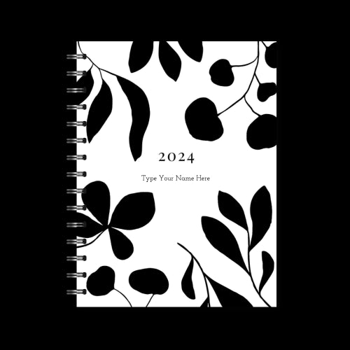 A5 2024 Spiral Weekly Spread Diary - Leaves - Black