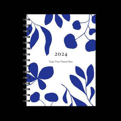 A5 2024 Spiral Weekly Spread Diary - Leaves - Blue