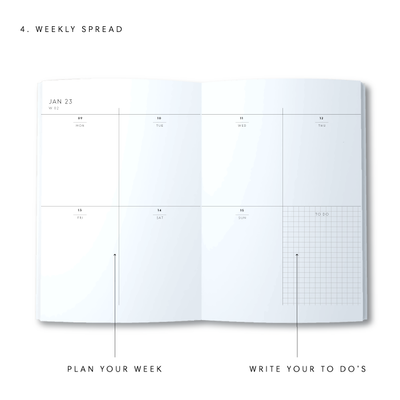 A5 2023 Weekly Spread Diary - Dots - Blue
